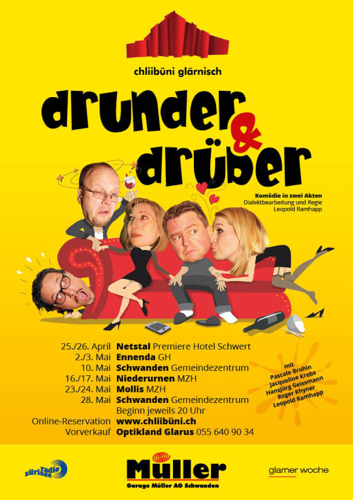 Plakat zur Theaterproduktion 2014 der Chliibüni Glärnisch mit dem Titel drunder & drüber