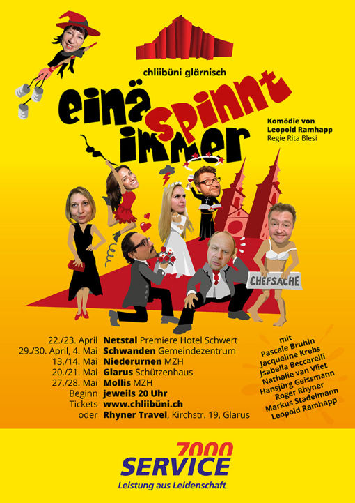 Plakat zur Theaterproduktion 2018 der Chliibüni Glärnisch mit dem Titel einä spinnt immer